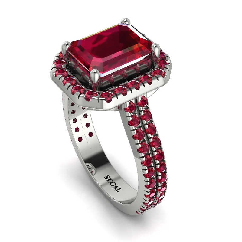 Classic Gold Band Ring-Gorgeous Emerald Cut Ruby Pave Double Shank Engagement Ring With Hidden Stone - Veronica No. 57