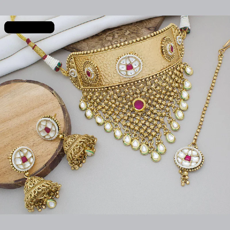 Pearl and Diamond Necklace-India Art Gold Plated Pota Stone And Beads Choker Necklace Set