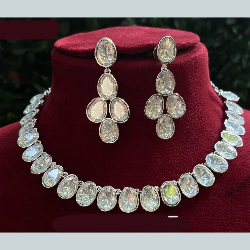 Romantic Heart Necklace-Royal Kundan Jewellery Silver Plated Polki Kundan Stone Necklace Set