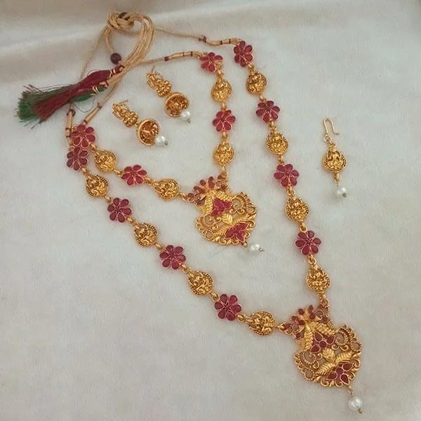 Rose Gold Chain Necklace-Darshana Jewels Maroon Stone Double Gold Plated Necklace Set - FAP0271