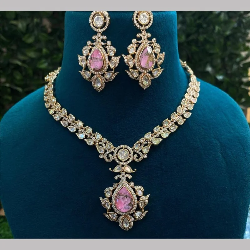 Classic Pendant Necklace-Shagna Gold Plated Polki Kundan Stone Necklace Set