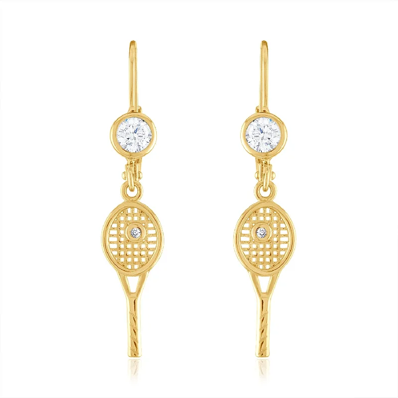 Hoop Earrings with Diamonds-Petite Racquet with bezel CZ Leverback Earrings