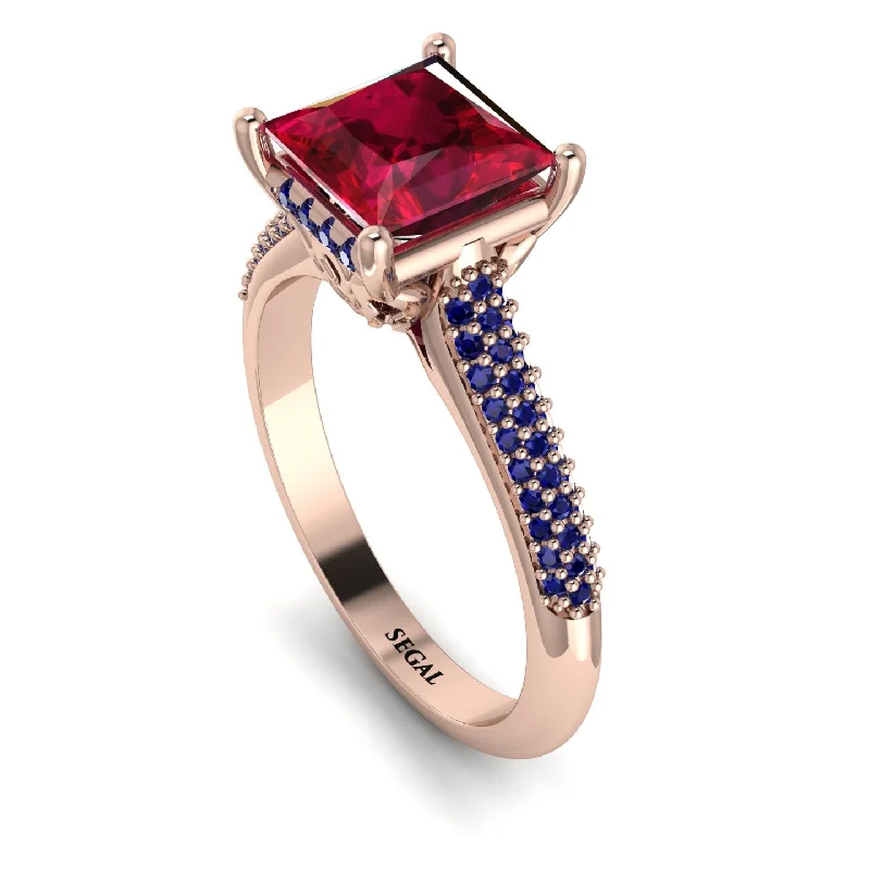 Sterling Silver Ring-Luxury Pave Princess Cut Ruby Engagement Ring With Hidden Stone - Sabrina No. 71