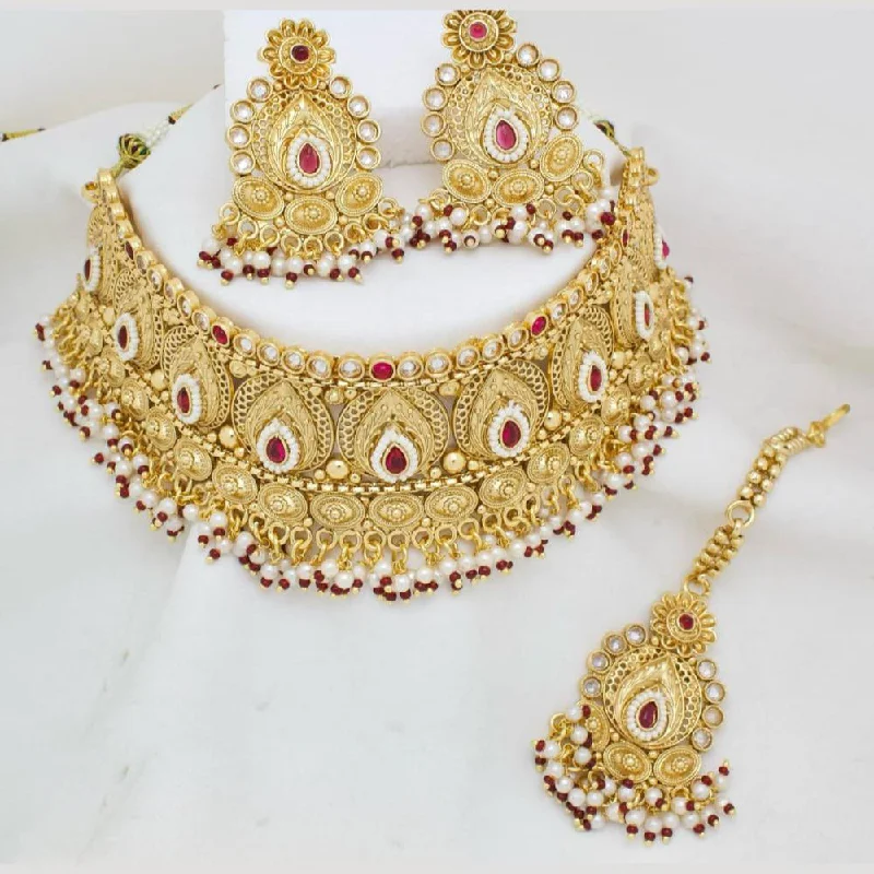 Diamond and Pearl Necklace-Manisha Jewellery Gold Plated Pota Stone And Pearls Choker Necklace Set