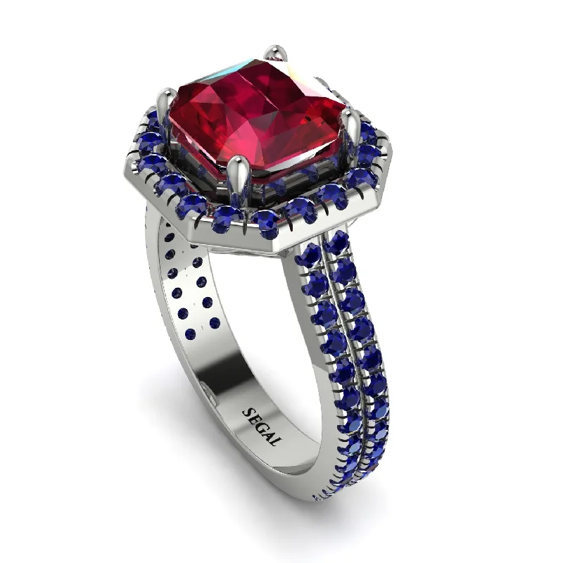 Artistic Design Ring-Gorgeous Radiant Cut Ruby Pave Double Shank Engagement Ring With Hidden Stone - Felicity No. 72