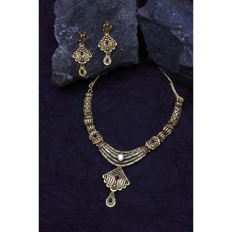 Chunky Bead Necklace-Darshana Jewels Gold Plated Pota Stone  Necklace Set