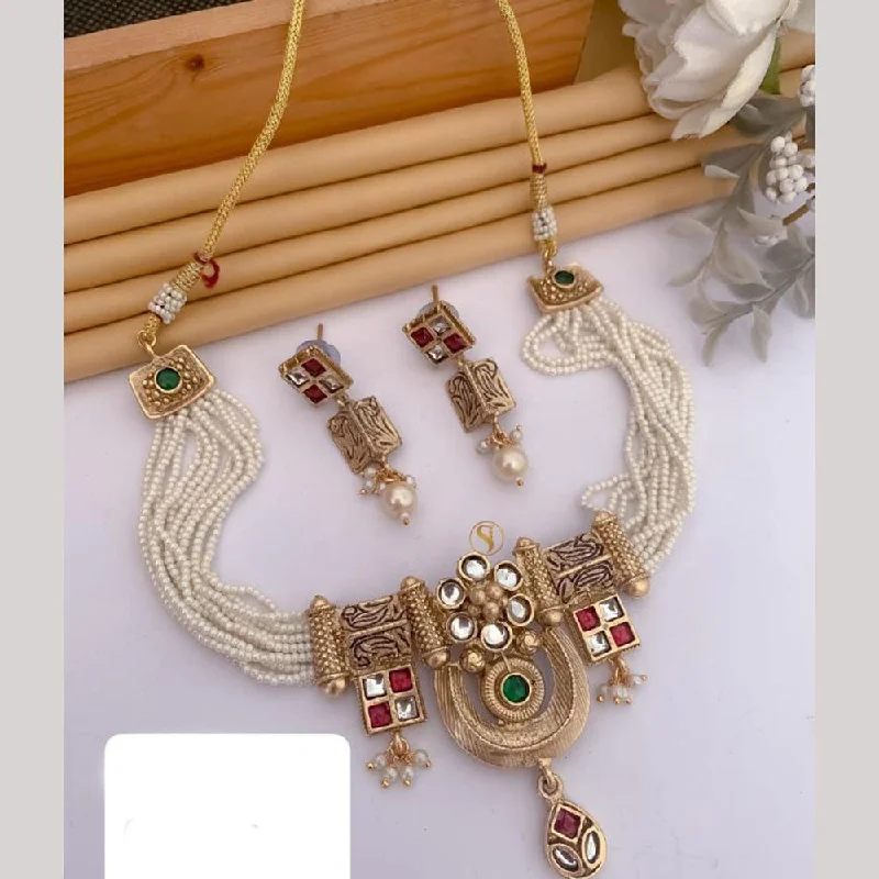 Artistic Crystal Necklace-FS Collection Gold Plated Pota Stone And Pearls Choker Necklace Set