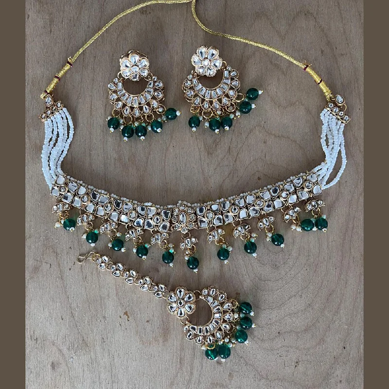 Simple Diamond Necklace-India Art Gold Plated Kundan Stone And Pearls Choker Necklace Set