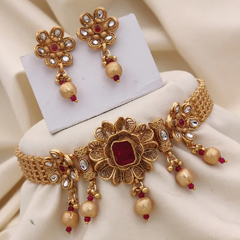 Custom Crystal Necklace-Akruti Collection Gold Plated Kundan Stone And Pota Stone Choker Necklace Set