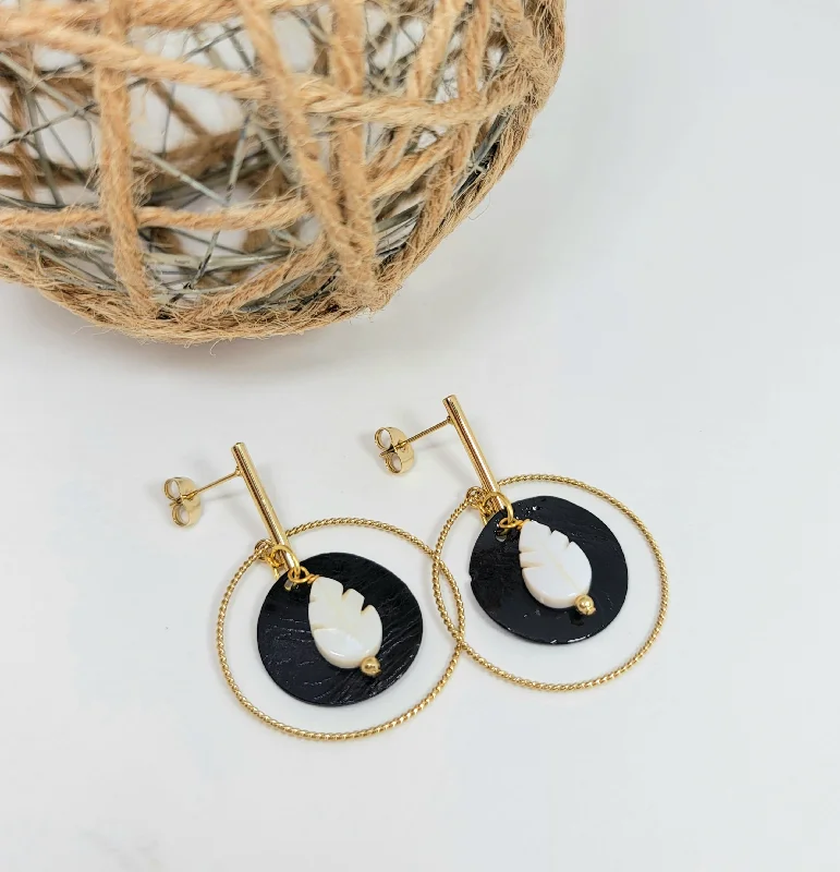 Geometric Hoop Earrings-Black Shell and Leaf Earrings