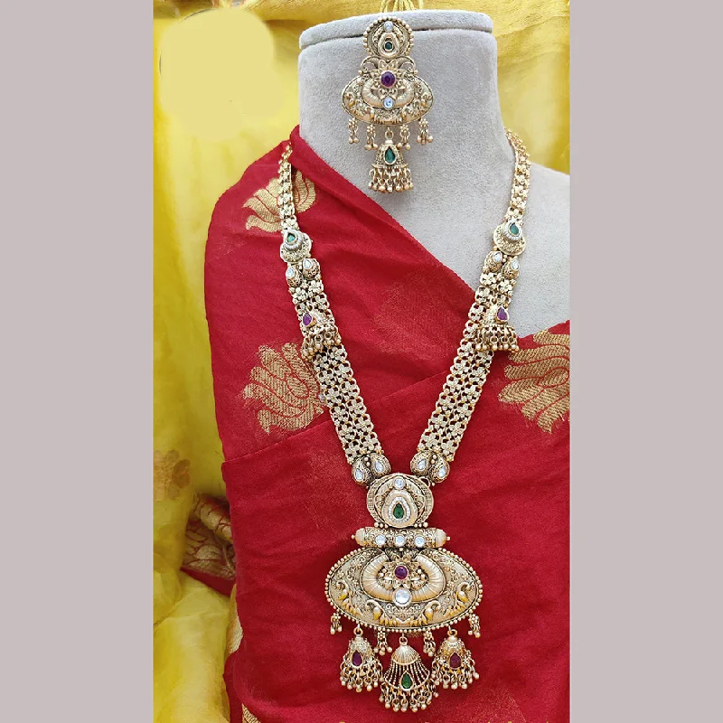 Gold Bar Necklace-Jewel Addiction Copper Rajwadi Finish Pota Stone Long Necklace Set