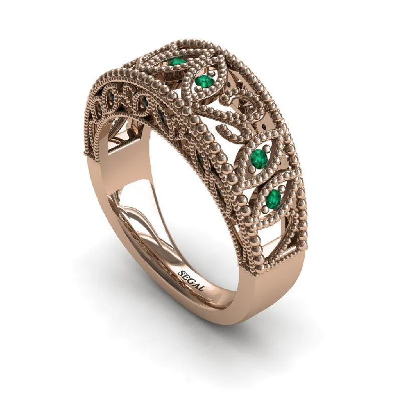 Chic Silver Cocktail Ring-Unique Engagement Ring 14K Rose Gold Art Deco Antique Ring Edwardian Ring Filigree Ring Green Emerald With Black Diamond - Avery no. 8