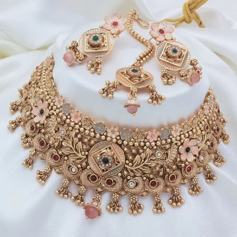 Gemstone Pendant Necklace-Akruti Collection Gold Plated Pota Stone And Pearls Meenakari Choker Necklace Set