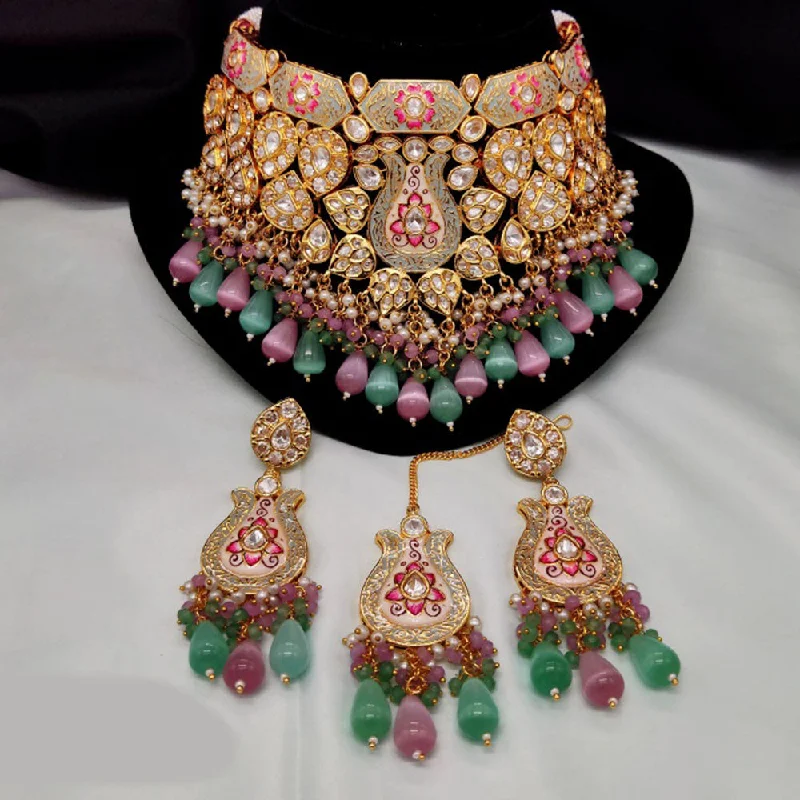 Unique Chain Necklace-Amoliya Jewels Gold Plated Polki Kundan Stone And Beads Meenakari Choker Necklace Set