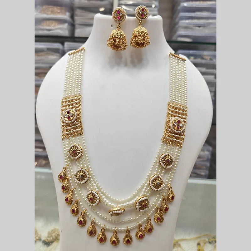 Elegant Crystal Necklace-Manisha Jewellery Gold Plated Pota Stone And Pearls Long Necklace Set