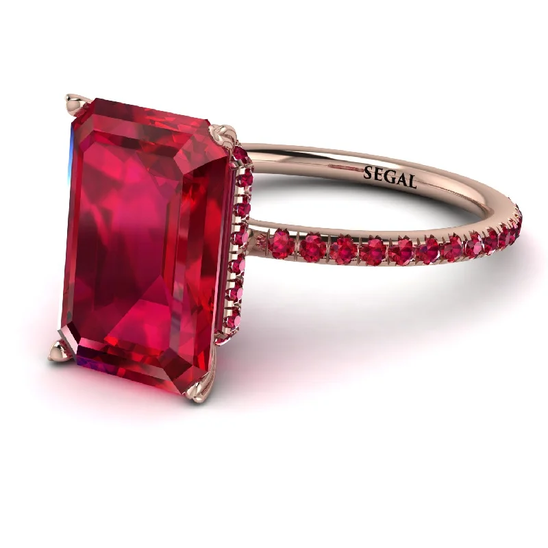 Wedding Set with Diamond Ring-Hidden Halo Emerald Cut Ruby Engagement Ring - Melodi No. 56