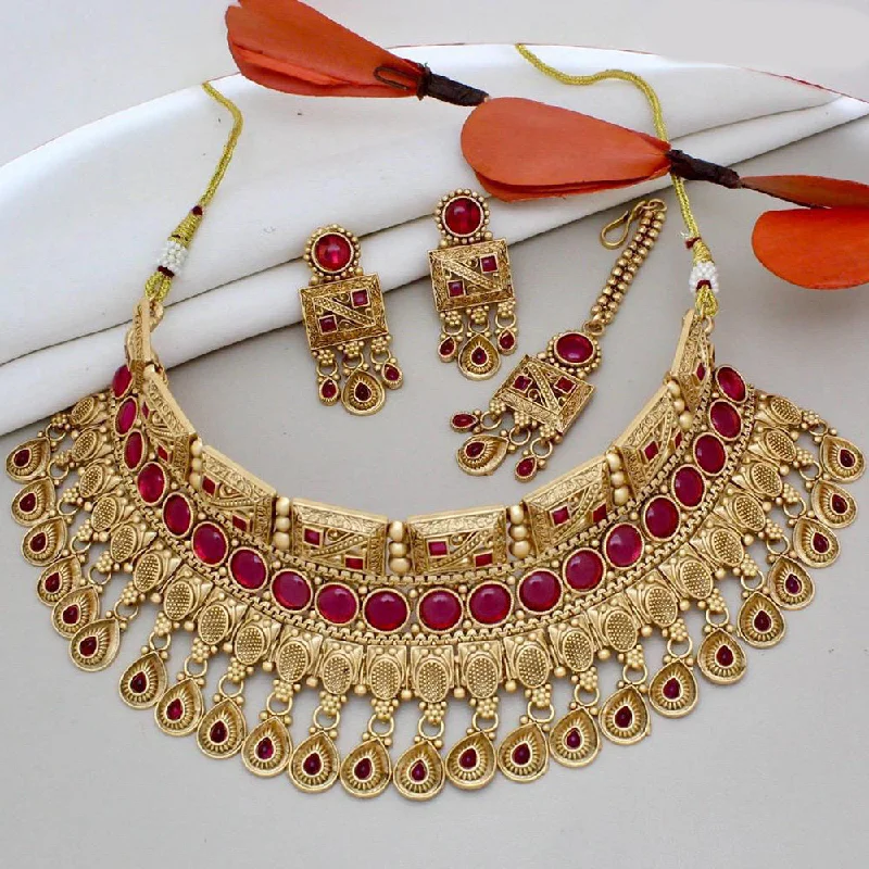 Lightweight Gold Necklace-India Art Gold Plated Pota Stone And Beads Choker Necklace Set