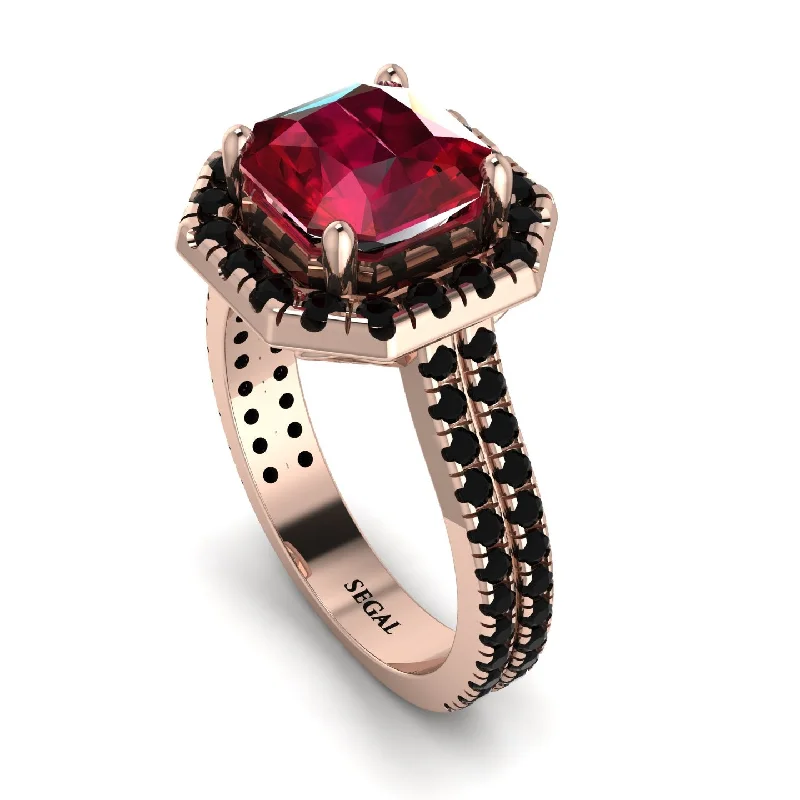 Matching Couple Rings-Gorgeous Radiant Cut Ruby Pave Double Shank Engagement Ring With Hidden Stone - Felicity No. 41