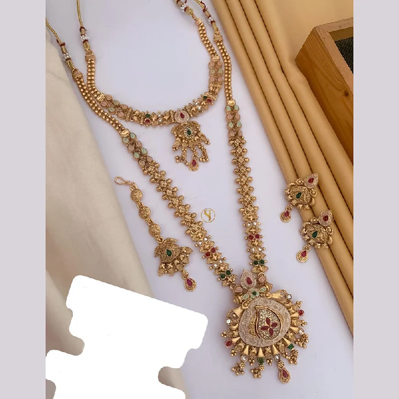 Simple Diamond Pendant Necklace-FS Collection Gold Plated Pota Stone And Meenakari Double Necklace Set