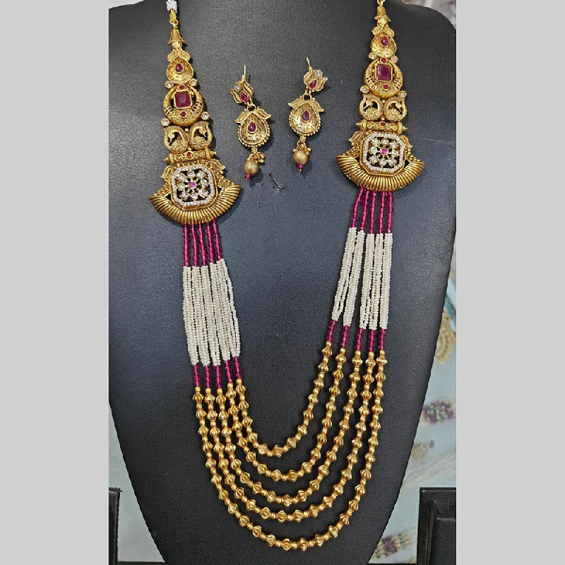 Statement Chunky Necklace-Manisha Jewellery Gold Plated Pota Stone And Pearls Long Necklace Set