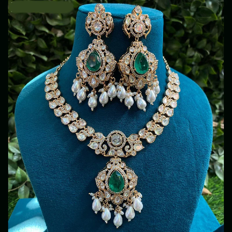 Double Layer Gold Necklace-Royal Kundan Jewellery Gold Plated Polki Kundan And Pearls Necklace Set