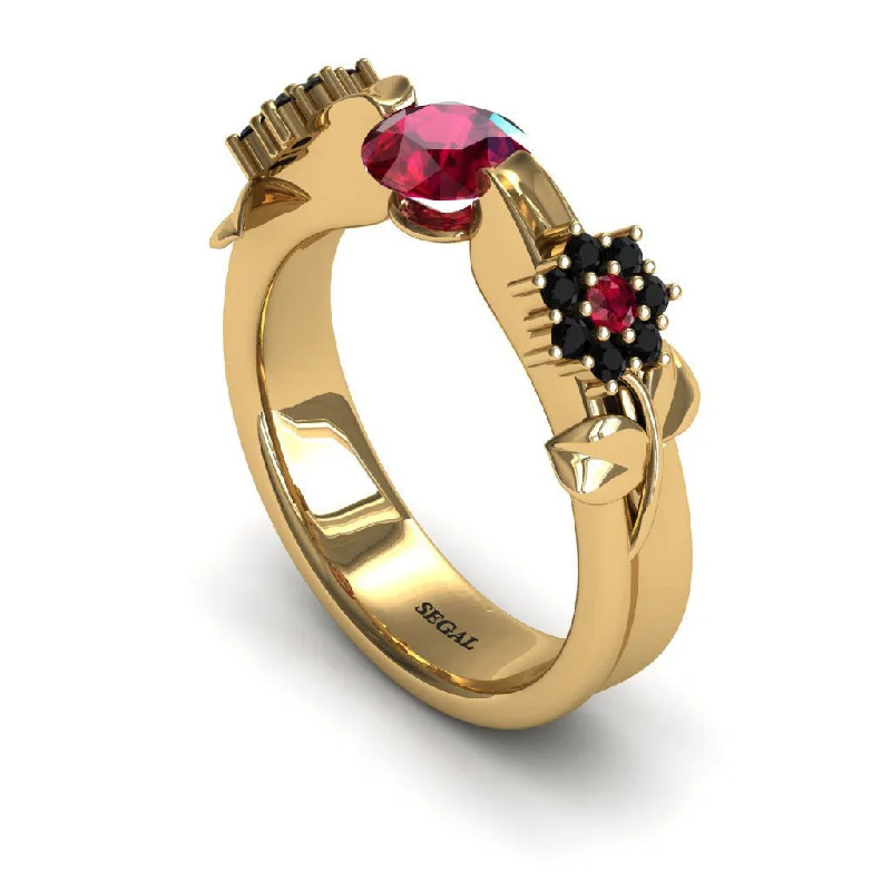 Infinity Love Ring-Engagement ring 14K Yellow Gold Flower And Leafs Antique Ring Ruby With Black Diamond - Piper