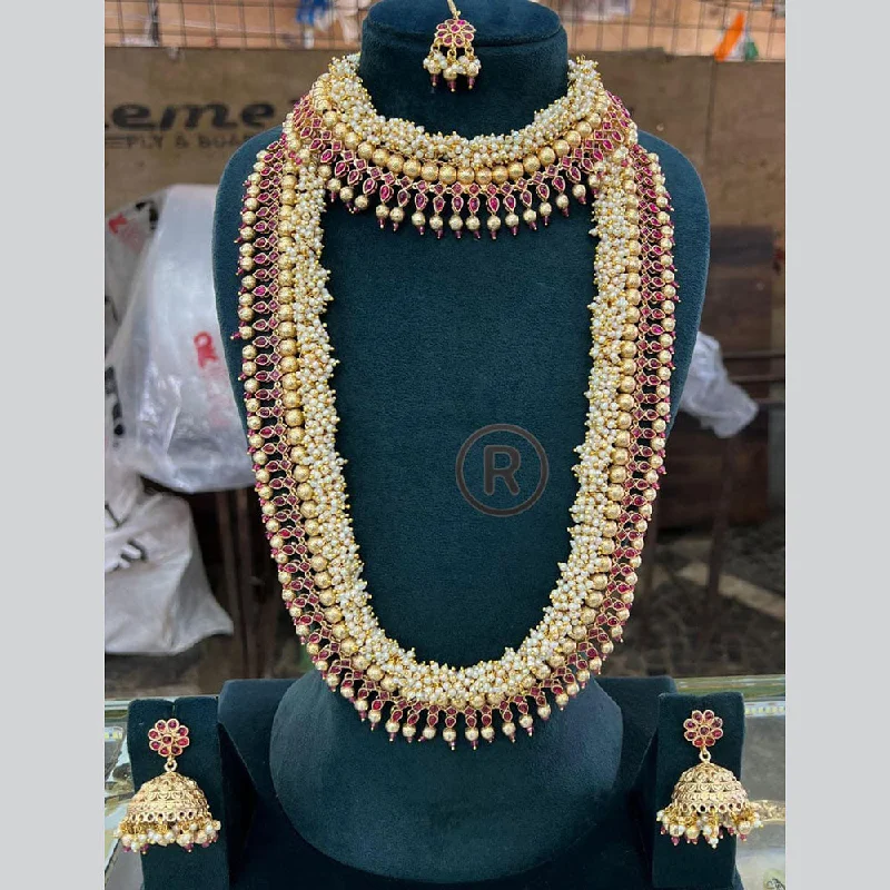 Double Chain Necklace-Manisha Jewellery Gold Plated Potal Stone And Pearls Double Necklace Set