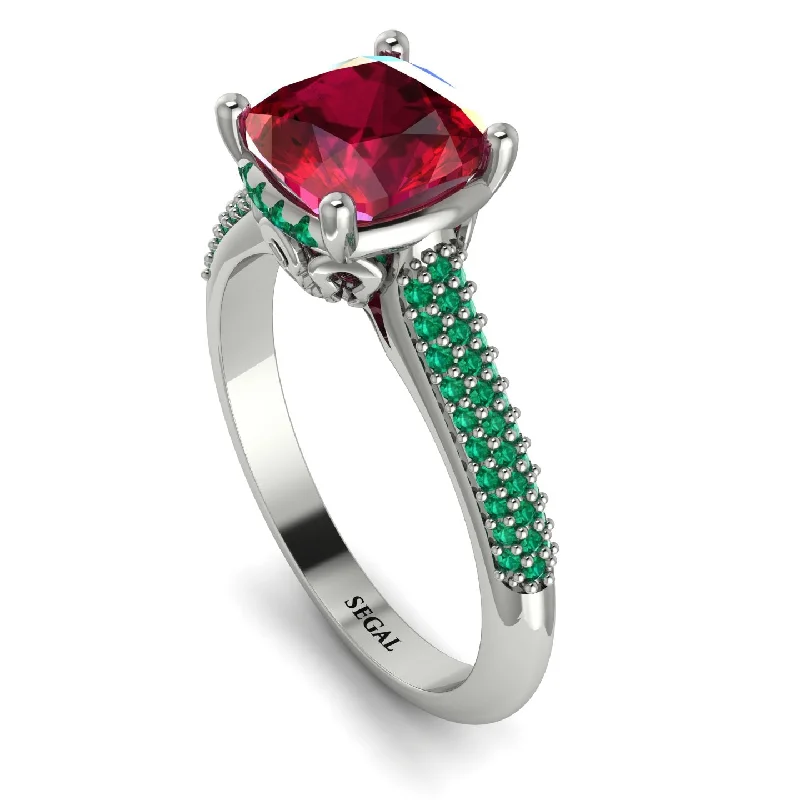 Engagement Ring with Sapphire-Luxury Pave Cushion Cut Ruby Engagement Ring With Hidden Stone - Esmeralda No. 27