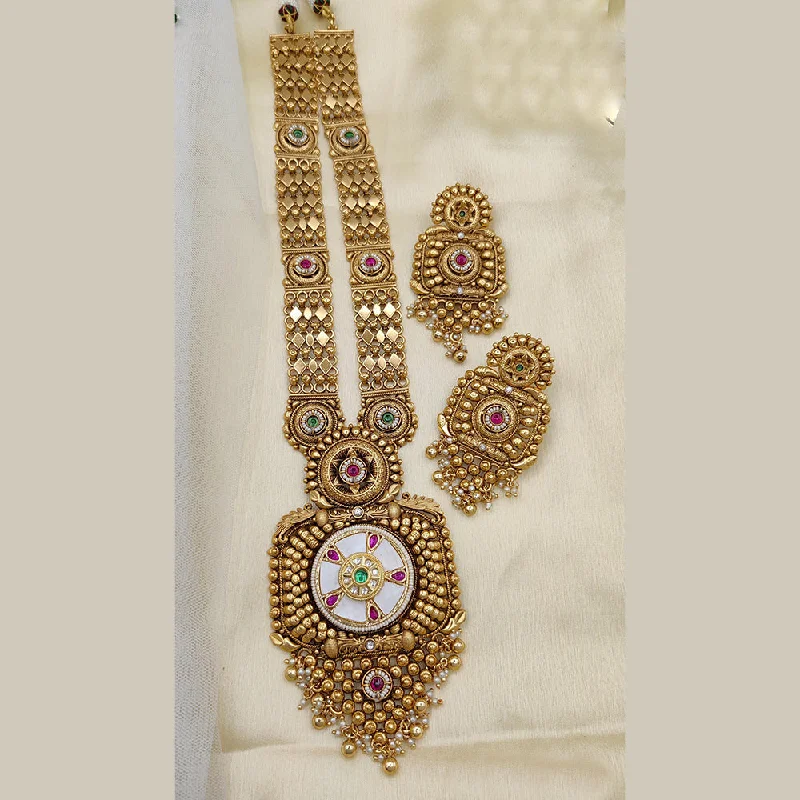 Long Statement Necklace-Jewel Addiction Copper Rajwadi Finish Pota Stone Long Necklace Set