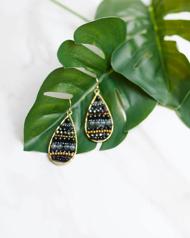 Gold Diamond Stud Earrings-Black Beaded Teardrop Earrings