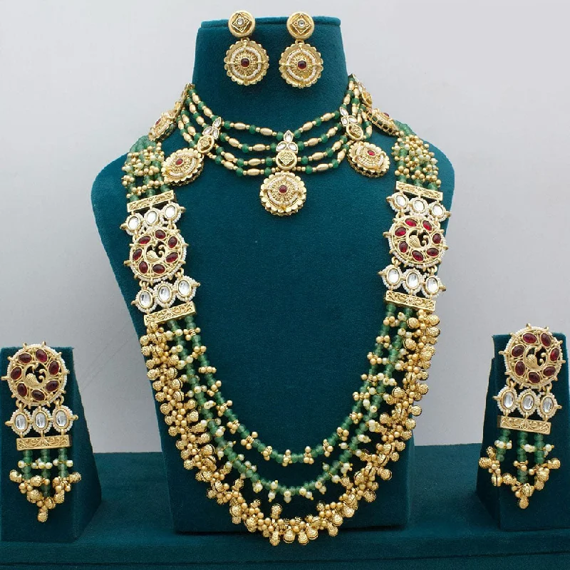 Long Gold Necklace-JCM Jewellery Gold Plated Kundan Stone And Pearls Double Necklace Set