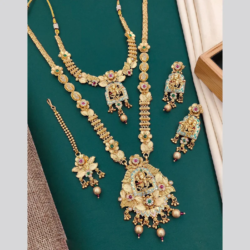 Long Statement Necklace-Neetu Art Gold Plated Pota Stone Double Necklace Set