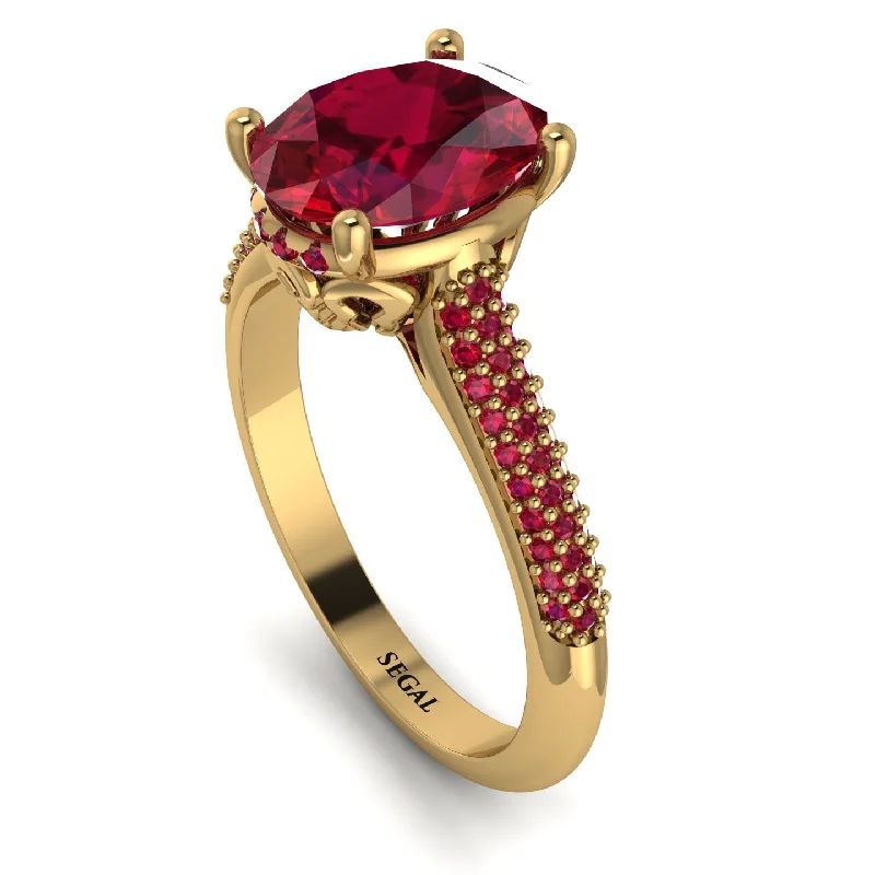 Gold Wedding Band for Women-Luxury Pave Oval Cut Ruby Engagement Ring With Hidden Stone - Ophelia No. 55