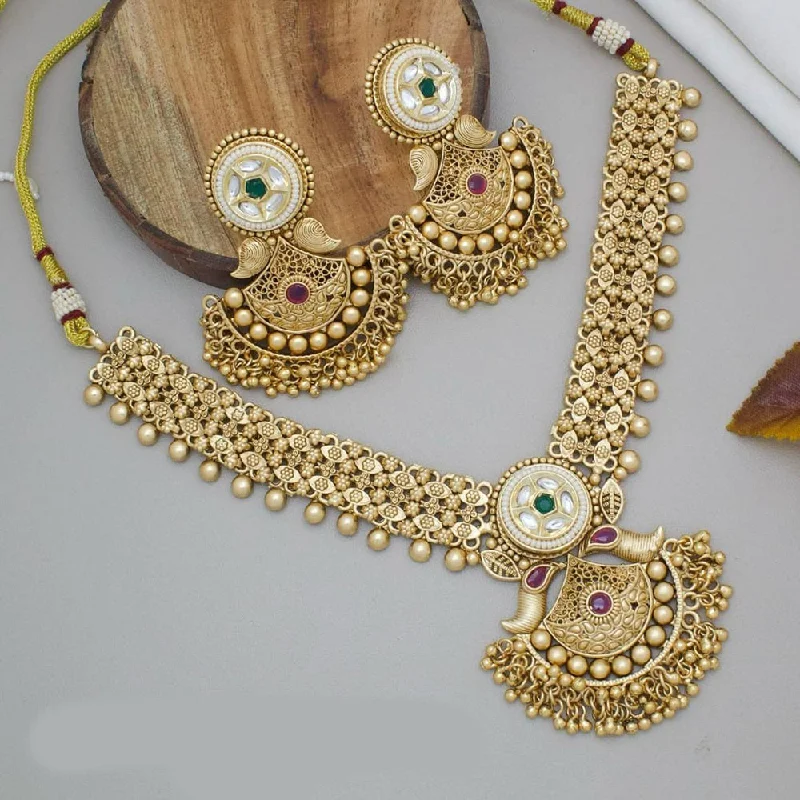 Gold Necklace with Gemstones-Manisha Jewellery Gold Plated Pota Stone And Pearls Necklace Set