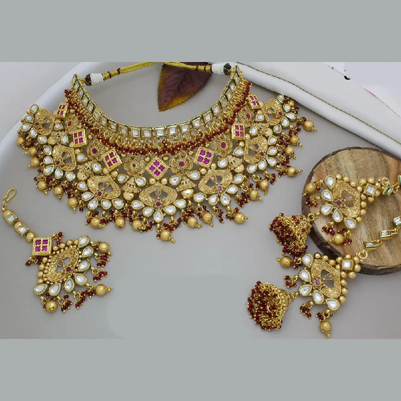 Diamond Solitaire Necklace-India Art Gold Plated Pota Stone And Beads Choker Necklace Set