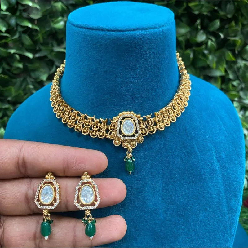 Gemstone Beaded Necklace-Royal Kundan Jewellery Gold Plated Kundan Stone Necklace Set