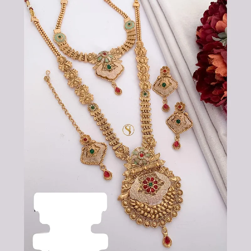 Custom Monogram Necklace-FS Collection Gold Plated Pota Stone And Meenakari Double Necklace Set