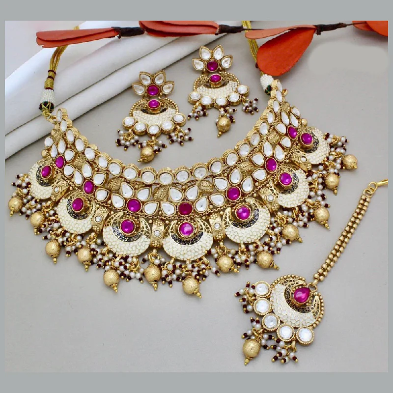 Gold Bangle Necklace-India Art Gold Plated Pota Stone And Beads Choker And Meenakari Necklace Set