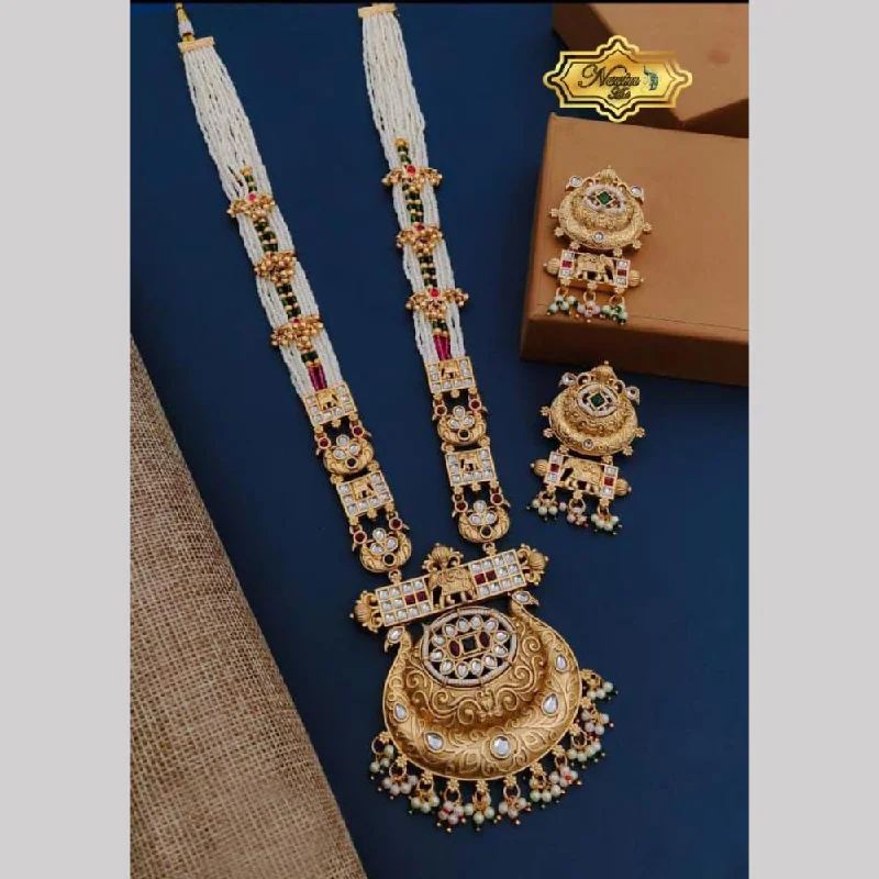 Beaded Charm Necklace-Neetu Art Gold Plated Pota Stone And Pearl Long Necklace Set