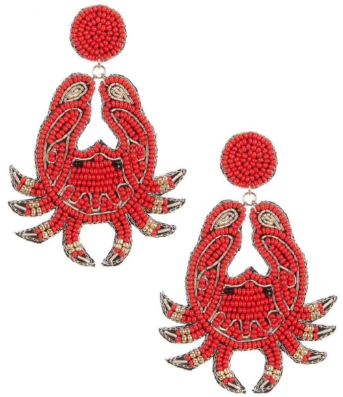 Large Hoop Earrings-Beaded Earrings, Red Crabs