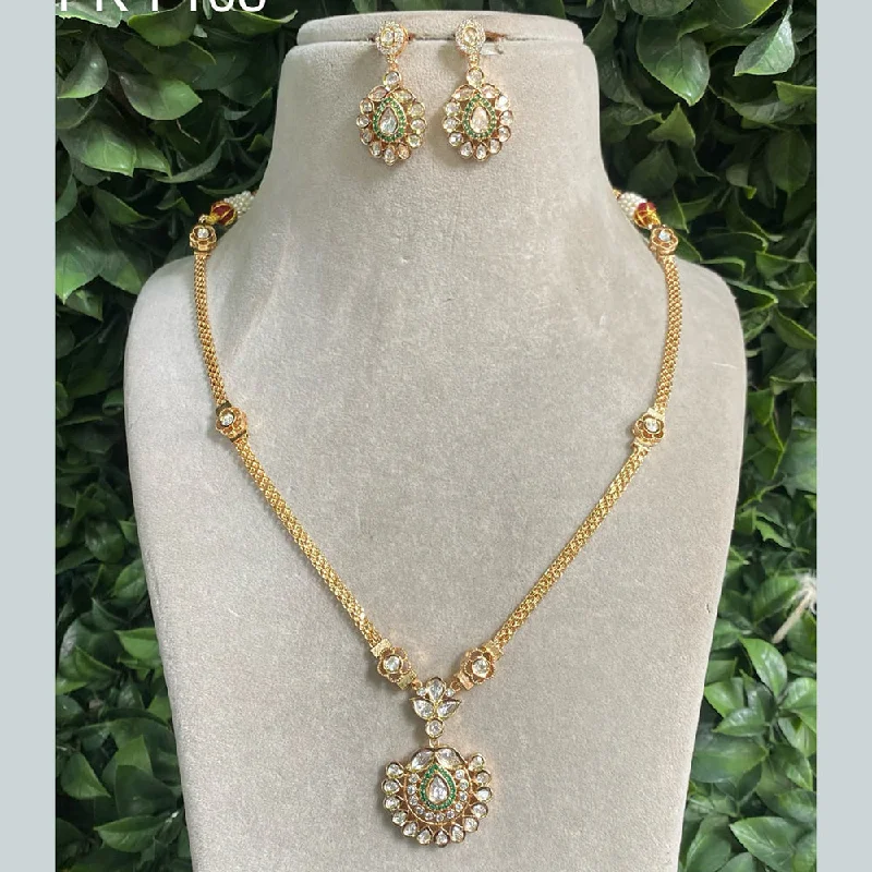 Double Pendant Necklace-Royal Kundan Jewellery Gold Plated Polki Kundan Stone Necklace Set