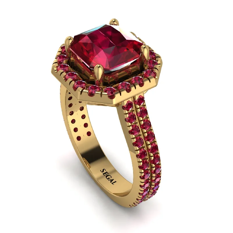 Romantic Heart Ring-Gorgeous Radiant Cut Ruby Pave Double Shank Engagement Ring With Hidden Stone - Felicity No. 55