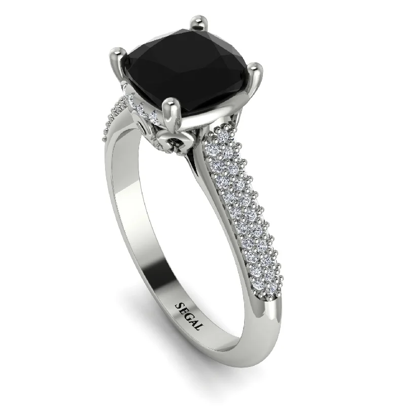 Stackable Silver Ring-Luxury Pave Cushion Cut Black Diamond Engagement Ring With Hidden Stone - Esmeralda No. 9