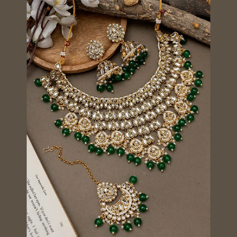 Gold Heart Necklace-India Art Gold Plated Kundan Stone And Pearls Choker Necklace Set