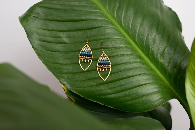 Chic Drop Earrings-Jewelled Leaf - Blue Earrings