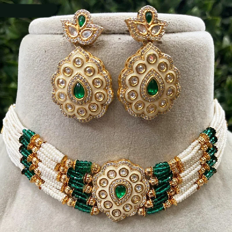 Silver Chain Necklace-Royal Kundan Jewellery Gold Plated Pota Stone And Pearls Meenakari Choker Necklace Set