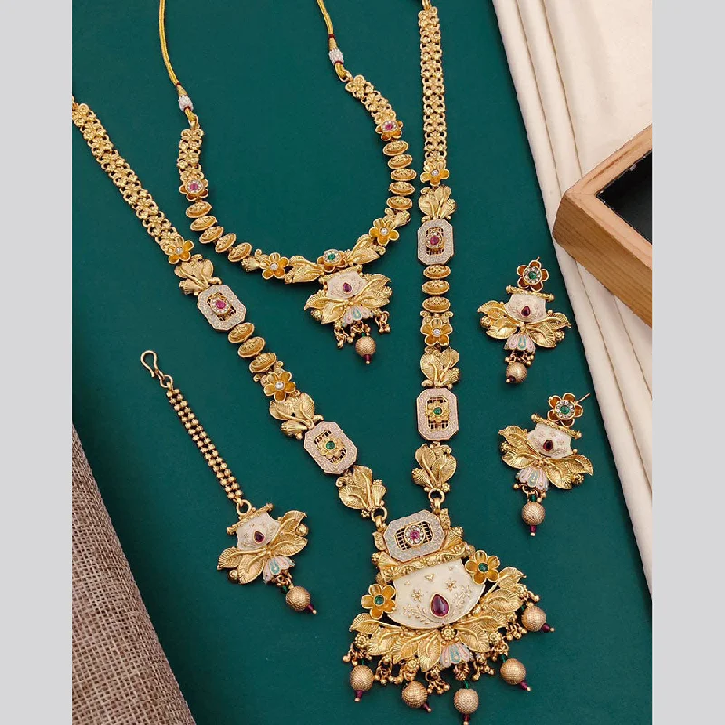 Chunky Chain Necklace-Neetu Art Gold Plated Pota Stone Double Necklace Set