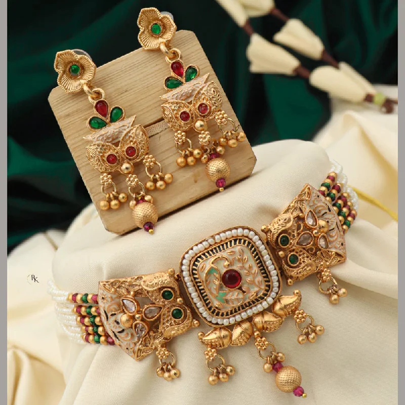 Classic Heart Necklace-Akruti Collection Gold Plated Pota Stone And Pearls Meenakari Choker Necklace Set