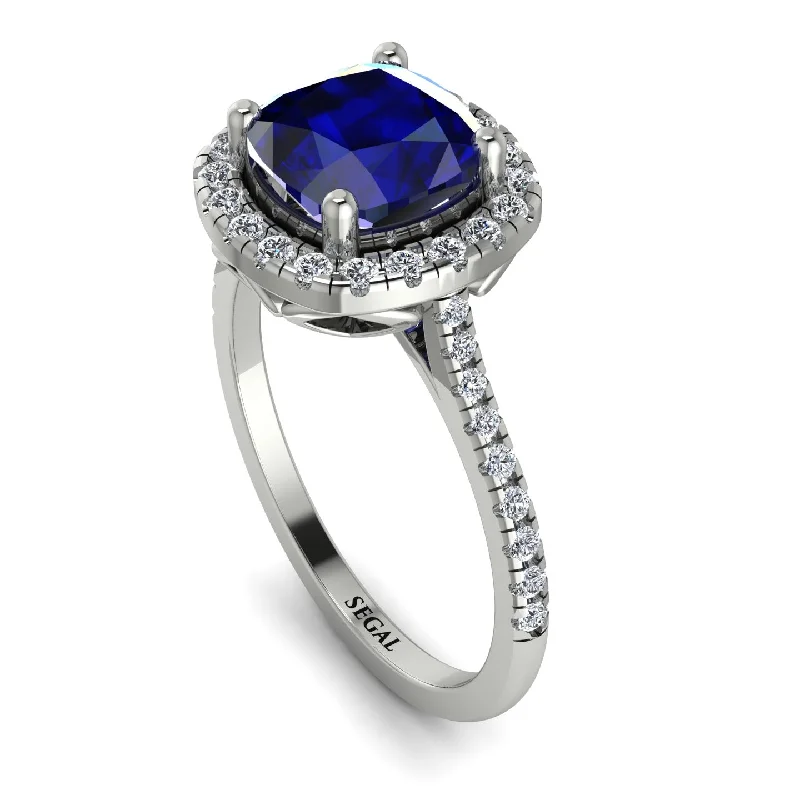 Silver Vintage Ring-Gorgeous Cushion Cut Sapphire Pave Engagement Ring With Hidden Stone - Kira No. 15