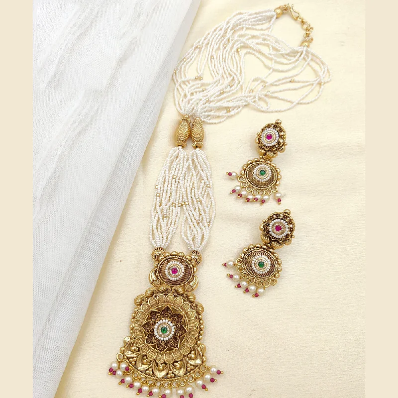 Dainty Silver Necklace-Jewel Addiction Copper Rajwadi Finish Pota Stone And Pearl Long Necklace Set